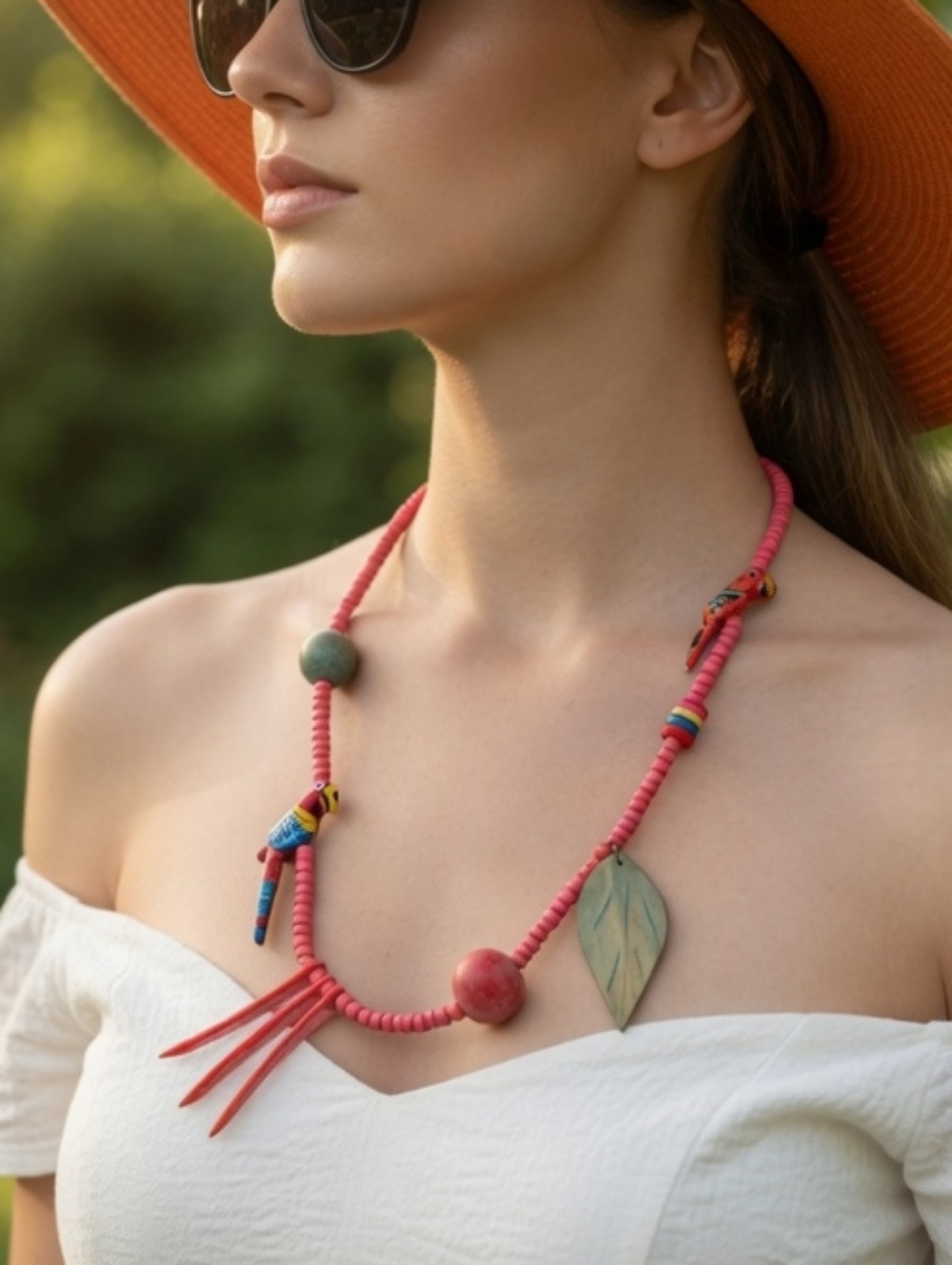 Vintage Tropical Parrot Coral Red Beaded Wooden Margaritaville Necklace 80s